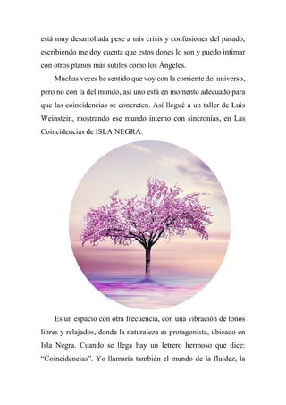 está muy desarrollada pese a mis crisis y confusiones del pasado,
escribiendo me doy cuenta que estos dones lo son y puedo intimar
con otros planos más sutiles como los Ángeles.
Muchas veces he sentido que voy con la corriente del universo,
pero no con la del mundo, así uno está en momento adecuado para
que las coincidencias se concreten. Así llegué a un taller de Luis
Weinstein, mostrando ese mundo interno con sincronías, en Las
Coincidencias de ISLA NEGRA.
Es un espacio con otra frecuencia, con una vibración de tonos
libres y relajados, donde la naturaleza es protagonista, ubicado en
Isla Negra. Cuando se llega hay un letrero hermoso que dice:
“Coincidencias”. Yo llamaría también el mundo de la fluidez, la
 
