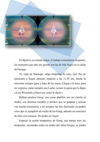 El objetivo, un mundo mejor, el trabajo comunitario, despertar,
las reuniones que más me gustan son las de Isla Negra en el salón
del bosque.
Yo viajo de Santiago, salgo temprano de casa, ayer fue un
encuentro y llegué puntual, empieza a las 11.59 am, donde la
sincronía siempre gana y hace de las suyas. Llegué a la hora, para
mi sorpresa, como siempre con Lucho (como le gusta que le digan
a Luis Weinstein o Don Luis como le decía.)
Habían muchos Gong: son como platillos con un círculo al
medio, con distintos tamaños y diseños que se golpean y suenan
con mucha resonancia, a mí siempre me han fascinado, no podría
creer que se cumpliría mi sueño de los Gong, además un concierto
de ellos con cuencos. No podía ser mejor.
Empezó la sesión terapéutica de Gong; una pareja eran los
terapeutas: recostados todos en medio del salón bosque, se estaba
 