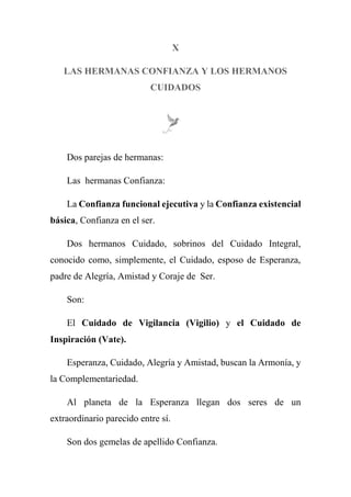 X
LAS HERMANAS CONFIANZA Y LOS HERMANOS
CUIDADOS
Dos parejas de hermanas:
Las hermanas Confianza:
La Confianza funcional ejecutiva y la Confianza existencial
básica, Confianza en el ser.
Dos hermanos Cuidado, sobrinos del Cuidado Integral,
conocido como, simplemente, el Cuidado, esposo de Esperanza,
padre de Alegría, Amistad y Coraje de Ser.
Son:
El Cuidado de Vigilancia (Vigilio) y el Cuidado de
Inspiración (Vate).
Esperanza, Cuidado, Alegría y Amistad, buscan la Armonía, y
la Complementariedad.
Al planeta de la Esperanza llegan dos seres de un
extraordinario parecido entre sí.
Son dos gemelas de apellido Confianza.
 