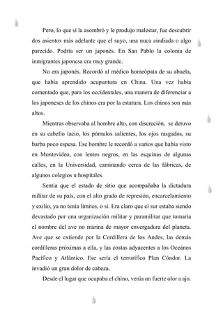 Pero, lo que sí la asombró y le produjo malestar, fue descubrir
dos asientos más adelante que el suyo, una nuca aindiada o algo
parecido. Podría ser un japonés. En San Pablo la colonia de
inmigrantes japonesa era muy grande.
No era japonés. Recordó al médico homeópata de su abuela,
que había aprendido acupuntura en China. Una vez había
comentado que, para los occidentales, una manera de diferenciar a
los japoneses de los chinos era por la estatura. Los chinos son más
altos.
Mientras observaba al hombre alto, con discreción, se detuvo
en su cabello lacio, los pómulos salientes, los ojos rasgados, su
barba poco espesa. Ese hombre le recordó a varios que había visto
en Montevideo, con lentes negros, en las esquinas de algunas
calles, en la Universidad, caminando cerca de las fábricas, de
algunos colegios u hospitales.
Sentía que el estado de sitio que acompañaba la dictadura
militar de su país, con el alto grado de represión, encarcelamiento
y exilio, ya no tenía límites, o sí. Era claro que el sur estaba siendo
devastado por una organización militar y paramilitar que tomaría
el nombre del ave no marina de mayor envergadura del planeta.
Ave que se extiende por la Cordillera de los Andes, las demás
cordilleras próximas a ella, y las costas adyacentes a los Oceános
Pacífico y Atlántico. Ese sería el terrorífico Plan Cóndor. La
invadió un gran dolor de cabeza.
Desde el lugar que ocupaba el chino, venía un fuerte olor a ajo.
 