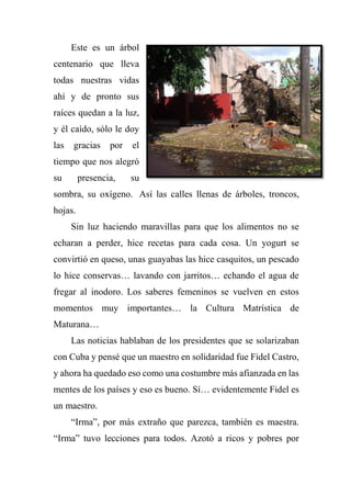 Este es un árbol
centenario que lleva
todas nuestras vidas
ahí y de pronto sus
raíces quedan a la luz,
y él caído, sólo le doy
las gracias por el
tiempo que nos alegró
su presencia, su
sombra, su oxígeno. Así las calles llenas de árboles, troncos,
hojas.
Sin luz haciendo maravillas para que los alimentos no se
echaran a perder, hice recetas para cada cosa. Un yogurt se
convirtió en queso, unas guayabas las hice casquitos, un pescado
lo hice conservas… lavando con jarritos… echando el agua de
fregar al inodoro. Los saberes femeninos se vuelven en estos
momentos muy importantes… la Cultura Matrística de
Maturana…
Las noticias hablaban de los presidentes que se solarizaban
con Cuba y pensé que un maestro en solidaridad fue Fidel Castro,
y ahora ha quedado eso como una costumbre más afianzada en las
mentes de los países y eso es bueno. Sí… evidentemente Fidel es
un maestro.
“Irma”, por más extraño que parezca, también es maestra.
“Irma” tuvo lecciones para todos. Azotó a ricos y pobres por
 