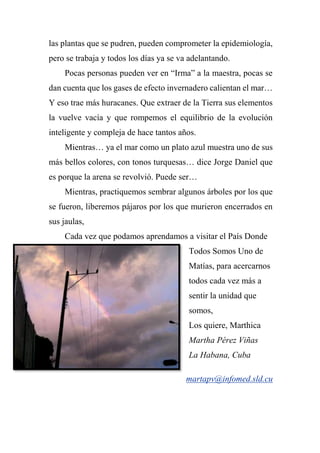 las plantas que se pudren, pueden comprometer la epidemiología,
pero se trabaja y todos los días ya se va adelantando.
Pocas personas pueden ver en “Irma” a la maestra, pocas se
dan cuenta que los gases de efecto invernadero calientan el mar…
Y eso trae más huracanes. Que extraer de la Tierra sus elementos
la vuelve vacía y que rompemos el equilibrio de la evolución
inteligente y compleja de hace tantos años.
Mientras… ya el mar como un plato azul muestra uno de sus
más bellos colores, con tonos turquesas… dice Jorge Daniel que
es porque la arena se revolvió. Puede ser…
Mientras, practiquemos sembrar algunos árboles por los que
se fueron, liberemos pájaros por los que murieron encerrados en
sus jaulas,
Cada vez que podamos aprendamos a visitar el País Donde
Todos Somos Uno de
Matías, para acercarnos
todos cada vez más a
sentir la unidad que
somos,
Los quiere, Marthica
Martha Pérez Viñas
La Habana, Cuba
martapv@infomed.sld.cu
 