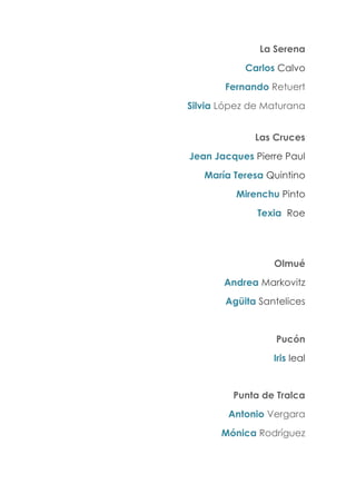 La Serena
Carlos Calvo
Fernando Retuert
Silvia López de Maturana
Las Cruces
Jean Jacques Pierre Paul
María Teresa Quintino
Mirenchu Pinto
Texia Roe
Olmué
Andrea Markovitz
Agüita Santelices
Pucón
Iris leal
Punta de Tralca
Antonio Vergara
Mónica Rodríguez
 