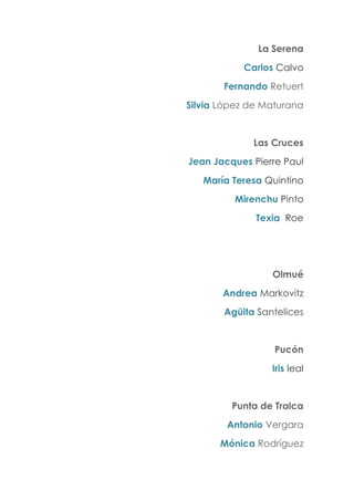 La Serena
Carlos Calvo
Fernando Retuert
Silvia López de Maturana
Las Cruces
Jean Jacques Pierre Paul
María Teresa Quintino
Mirenchu Pinto
Texia Roe
Olmué
Andrea Markovitz
Agüita Santelices
Pucón
Iris leal
Punta de Tralca
Antonio Vergara
Mónica Rodríguez
 