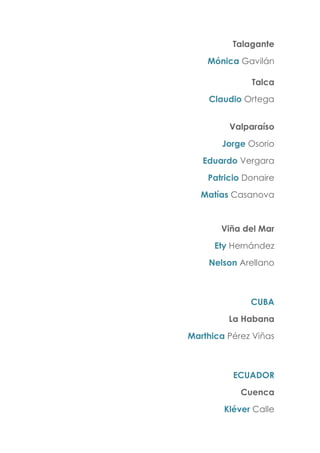 Talagante
Mónica Gavilán
Talca
Claudio Ortega
Valparaíso
Jorge Osorio
Eduardo Vergara
Patricio Donaire
Matías Casanova
Viña del Mar
Ety Hernández
Nelson Arellano
CUBA
La Habana
Marthica Pérez Viñas
ECUADOR
Cuenca
Kléver Calle
 