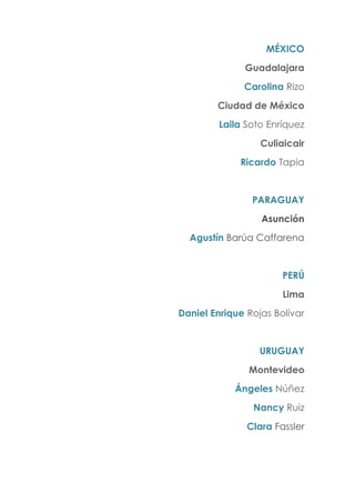 MÉXICO
Guadalajara
Carolina Rizo
Ciudad de México
Laila Soto Enríquez
Culiaicair
Ricardo Tapia
PARAGUAY
Asunción
Agustín Barúa Caffarena
PERÚ
Lima
Daniel Enrique Rojas Bolívar
URUGUAY
Montevideo
Ángeles Núñez
Nancy Ruiz
Clara Fassler
 