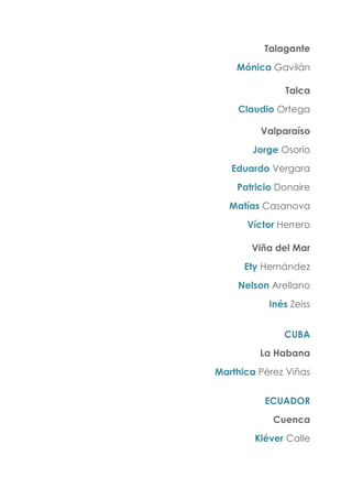 Talagante
Mónica Gavilán
Talca
Claudio Ortega
Valparaíso
Jorge Osorio
Eduardo Vergara
Patricio Donaire
Matías Casanova
Víctor Herrero
Viña del Mar
Ety Hernández
Nelson Arellano
Inés Zeiss
CUBA
La Habana
Marthica Pérez Viñas
ECUADOR
Cuenca
Kléver Calle
 