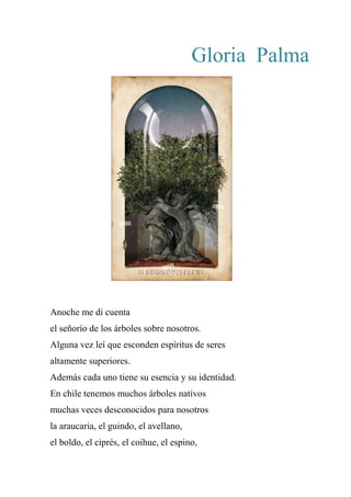 Gloria Palma
Anoche me di cuenta
el señorío de los árboles sobre nosotros.
Alguna vez leí que esconden espíritus de seres
altamente superiores.
Además cada uno tiene su esencia y su identidad.
En chile tenemos muchos árboles nativos
muchas veces desconocidos para nosotros
la araucaria, el guindo, el avellano,
el boldo, el ciprés, el coihue, el espino,
 