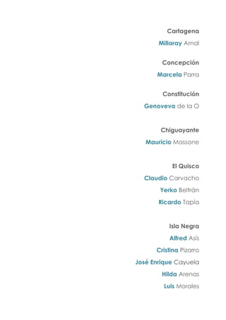 Cartagena
Millaray Arnal
Concepción
Marcela Parra
Constitución
Genoveva de la O
Chiguayante
Mauricio Massone
El Quisco
Claudio Carvacho
Yerko Beltrán
Ricardo Tapia
Isla Negra
Alfred Asís
Cristina Pizarro
José Enrique Cayuela
Hilda Arenas
Luis Morales
 