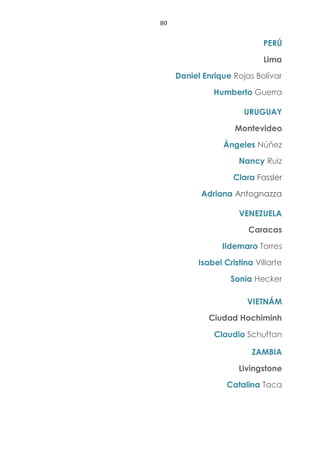 80
PERÚ
Lima
Daniel Enrique Rojas Bolívar
Humberto Guerra
URUGUAY
Montevideo
Ángeles Núñez
Nancy Ruiz
Clara Fassler
Adriana Antognazza
VENEZUELA
Caracas
Ildemaro Torres
Isabel Cristina Villarte
Sonia Hecker
VIETNÁM
Ciudad Hochiminh
Claudio Schuftan
ZAMBIA
Livingstone
Catalina Taca
 