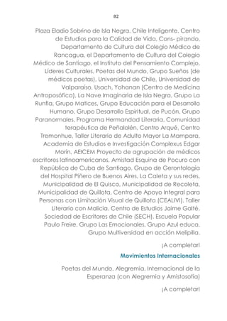 82
Plaza Eladio Sobrino de Isla Negra, Chile Inteligente, Centro
de Estudios para la Calidad de Vida, Cons- pirando,
Departamento de Cultura del Colegio Médico de
Rancagua, el Departamento de Cultura del Colegio
Médico de Santiago, el Instituto del Pensamiento Complejo,
Líderes Culturales, Poetas del Mundo, Grupo Sueños (de
médicos poetas), Universidad de Chile, Universidad de
Valparaíso, Usach, Yohanan (Centro de Medicina
Antroposófica), La Nave Imaginaria de Isla Negra, Grupo La
Runfla, Grupo Matices, Grupo Educación para el Desarrollo
Humano, Grupo Desarrollo Espiritual, de Pucón, Grupo
Paranormales, Programa Hermandad Literaria, Comunidad
terapéutica de Peñalolén, Centro Arqué, Centro
Tremonhue, Taller Literario de Adulto Mayor La Mampara,
Academia de Estudios e Investigación Complexus Edgar
Morín, AEICEM Proyecto de agrupación de médicos
escritores latinoamericanos, Amistad Esquina de Pocuro con
República de Cuba de Santiago, Grupo de Gerontología
del Hospital Piñero de Buenos Aires, La Caleta y sus redes,
Municipalidad de El Quisco, Municipalidad de Recoleta,
Municipalidad de Quillota, Centro de Apoyo Integral para
Personas con Limitación Visual de Quillota (CEALIVI), Taller
Literario con Malicia. Centro de Estudios Jaime Galté.
Sociedad de Escritores de Chile (SECH). Escuela Popular
Paulo Freire, Grupo Las Emocionales, Grupo Azul educa,
Grupo Multiversidad en acción Melipilla.
¡A completar!
Movimientos Internacionales
Poetas del Mundo, Alegremia, Internacional de la
Esperanza (con Alegremia y Amistosofía)
¡A completar!
 