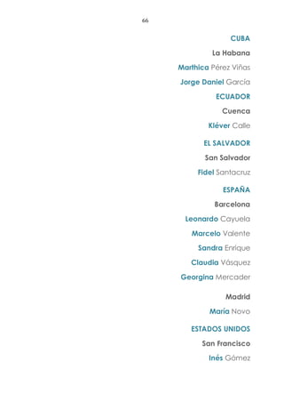 66
CUBA
La Habana
Marthica Pérez Viñas
Jorge Daniel García
ECUADOR
Cuenca
Kléver Calle
EL SALVADOR
San Salvador
Fidel Santacruz
ESPAÑA
Barcelona
Leonardo Cayuela
Marcelo Valente
Sandra Enrique
Claudia Vásquez
Georgina Mercader
Madrid
María Novo
ESTADOS UNIDOS
San Francisco
Inés Gómez
 