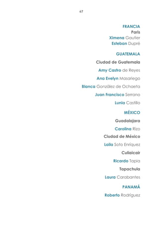 67
FRANCIA
Paris
Ximena Gautier
Esteban Dupré
GUATEMALA
Ciudad de Guatemala
Amy Castro de Reyes
Ana Evelyn Masariego
Blanca González de Ochaeta
Juan Francisco Serrano
Lunia Castillo
MÉXICO
Guadalajara
Carolina Rizo
Ciudad de México
Laila Soto Enríquez
Culiaicair
Ricardo Tapia
Tapachula
Laura Carabantes
PANAMÁ
Roberto Rodríguez
 