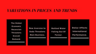 The Global
Economic
Recession
Threatens
Overall
Demand.
Bottled Water
Falling Out Of
Favour.
New Aversion to
Soda Threatens
Main Business.
Dollar Affects
International
Performance.
VARIATIONS IN PRICES AND TRENDS
 