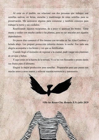 36
Al estar en el pueblo, me relacioné con dos personas que trabajan con
semillas nativas, en ferias, escuelas y madrinazgo de estas semillas para su
preservación. Me acercaron algunas para comenzar y también consejos para
trabajar la tierra y sus cuidados.
Reutilizando algunos recipientes, de a poco vi aparecer los brotes. Estar
atenta y cuidar con mucho cariño a las plantas, para no ser atacadas por algunos
depredadores.
En pocos días comenzó el frío intenso con nevadas en las Altas Cumbres y
helada abajo. Les preparé protección calentita durante la noche. Fue toda una
alegría acompañar a los brotes y ver que se fortificaban.
Cuando llegó el momento de regresar a la ciudad, pude cargar mis plantines
de arvejas y habas.
Y aquí están en la huerta de la terraza. Ya se las ven floreando y pronto darán
sus frutos para el alimento.
Elegiré la mejor producción para semillar. Prepararlas para que pasen con
mucho amor a otras manos y reforzar nuestra resistencia y autonomía.
Villa las Rosas-Cba, Rosario S.Fe julio 2020
 