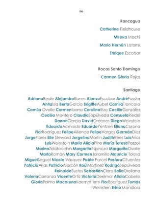 66
Rancagua
Catherine Fieldhouse
Mireya Machi
Mario Hernán Latorre
Enrique Escobar
Rocas Santo Domingo
Carmen Gloria Rojas
Santiago
AdrianaBeale AlejandroIllanes AlonsoEscobar AndréFassler
AnitaIsla BertaGarcía BrigitteAubel CamilaTroncoso
Camila Ovalle CarmenIbarra CarolinaRizo CeciliaGonzález
Cecilia Montero ClaudioSepúlveda ConsueloRiedel
DanaeGarcía DavidÓrdenes DiegoWeinstein
EduardoAcevedo EduardoYentzen ElianaCorona
FlorRodríguez FelipeAlliende FelipeVargas GermánDíaz
JorgeFlores Elle Steward JorgelinaMartin JudithRees LuisArias
LuisWeinstein María AliciaPino María TeresaPozzoli
MarinaZolotoochin MargaritaEspinoza MargaritaOvalle
MartaRomán Mary CarmenJaramillo Mauricio Tolosa
MiguelSeguel Nicole Vásquez Pablo Porcel PastoraCifuentes
PatriciaArias PatricioAlarcón RaúlMartínez RodrigoSepúlveda
ReinaldoBustos SebastiánClaro SofíaOrellana
ValeriaCarranza VicenteOrtíz VictoriaDeelmar AliciaCabello
GloriaPalma MacarenaKaempfferm FlorRodríguez Tomás
Weinstein Erhio Mandiola
 