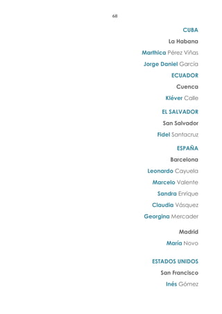 68
CUBA
La Habana
Marthica Pérez Viñas
Jorge Daniel García
ECUADOR
Cuenca
Kléver Calle
EL SALVADOR
San Salvador
Fidel Santacruz
ESPAÑA
Barcelona
Leonardo Cayuela
Marcelo Valente
Sandra Enrique
Claudia Vásquez
Georgina Mercader
Madrid
María Novo
ESTADOS UNIDOS
San Francisco
Inés Gómez
 