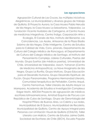 72
Las agrupaciones
Agrupación Cultural de Las Cruces, las múltiples iniciativas
Alegrémicas, La Municipalidad y diversos grupos de trabajo
de Quillota, El Proyecto Aurora, la Casa Museo Pablo Neruda
de Isla Negra, la Casa Museo La Sebastiana, Valparaíso, La
fundación Vicente Huidobro de Cartagena, el Centro Huara
de medicinas integrativas, Centro Índigo, Corporación Arte y
Ecología, El Canelo de Nos, Instituto del Bienestar, Las
Coincidencias, Los Azules, Artesanos de la Plaza Eladio
Sobrino de Isla Negra, Chile Inteligente, Centro de Estudios
para la Calidad de Vida, Cons- pirando, Departamento de
Cultura del Colegio Médico de Rancagua, el Departamento
de Cultura del Colegio Médico de Santiago, el Instituto del
Pensamiento Complejo, Líderes Culturales, Poetas del
Mundo, Grupo Sueños (de médicos poetas), Universidad de
Chile, Universidad de Valparaíso, Usach, Yohanan (Centro
de Medicina Antroposófica), La Nave Imaginaria de Isla
Negra, Grupo La Runfla, Grupo Matices, Grupo Educación
para el Desarrollo Humano, Grupo Desarrollo Espiritual, de
Pucón, Grupo Paranormales, Programa Hermandad Literaria,
Comunidad terapéutica de Peñalolén, Centro Arqué,
Centro Tremonhue, Taller Literario de Adulto Mayor La
Mampara, Academia de Estudios e Investigación Complexus
Edgar Morín, AEICEM Proyecto de agrupación de médicos
escritores latinoamericanos, Amistad Esquina de Pocuro con
República de Cuba de Santiago, Grupo de Gerontología del
Hospital Piñero de Buenos Aires, La Caleta y sus redes,
Municipalidad de El Quisco, Municipalidad de Recoleta,
Municipalidad de Quillota, Centro de Apoyo Integral para
Personas con Limitación Visual de Quillota (CEALIVI), Taller
Literario con Malicia. Centro de Estudios Jaime Galté.
Sociedad de Escritores de Chile (SECH). Escuela Popular
 