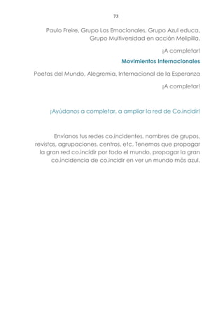 73
Paulo Freire, Grupo Las Emocionales, Grupo Azul educa,
Grupo Multiversidad en acción Melipilla.
¡A completar!
Movimientos Internacionales
Poetas del Mundo, Alegremia, Internacional de la Esperanza
¡A completar!
¡Ayúdanos a completar, a ampliar la red de Co.incidir!
Envíanos tus redes co.incidentes, nombres de grupos,
revistas, agrupaciones, centros, etc. Tenemos que propagar
la gran red co.incidir por todo el mundo, propagar la gran
co.incidencia de co.incidir en ver un mundo más azul.
 