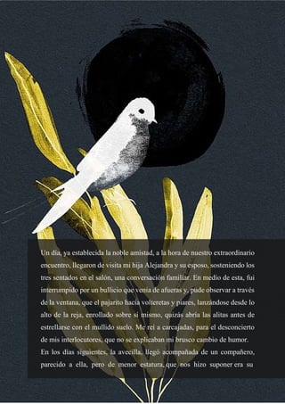 15
Un día, ya establecida la noble amistad, a la hora de nuestro extraordinario
encuentro, llegaron de visita mi hija Alejandra y su esposo, sosteniendo los
tres sentados en el salón, una conversación familiar. En medio de esta, fui
interrumpido por un bullicio que venía de afueras y, pude observar a través
de la ventana, que el pajarito hacía volteretas y piares, lanzándose desde lo
alto de la reja, enrollado sobre sí mismo, quizás abría las alitas antes de
estrellarse con el mullido suelo. Me reí a carcajadas, para el desconcierto
de mis interlocutores, que no se explicaban mi brusco cambio de humor.
En los días siguientes, la avecilla, llegó acompañada de un compañero,
parecido a ella, pero de menor estatura, que nos hizo suponer era su
 