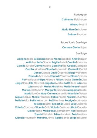 81
Rancagua
Catherine Fieldhouse
Mireya Machi
Mario Hernán Latorre
Enrique Escobar
Rocas Santo Domingo
Carmen Gloria Rojas
Santiago
AdrianaBeale AlejandroIllanes AlonsoEscobar AndréFassler
AnitaIsla BertaGarcía BrigitteAubel CamilaTroncoso
Camila Ovalle CarmenIbarra CarolinaRizo CeciliaGonzález
Cecilia Montero ClaudioSepúlveda ConsueloRiedel
DanaeGarcía DavidÓrdenes DiegoWeinstein
EduardoAcevedo EduardoYentzen ElianaCorona
FlorRodríguez FelipeAlliende FelipeVargas GermánDíaz
JorgeFlores Elle Steward JorgelinaMartin JudithRees LuisArias
LuisWeinstein María AliciaPino María TeresaPozzoli
MarinaZolotoochin MargaritaEspinoza MargaritaOvalle
MartaRomán Mary CarmenJaramillo Mauricio Tolosa
MiguelSeguel Nicole Vásquez Pablo Porcel PastoraCifuentes
PatriciaArias PatricioAlarcón RaúlMartínez RodrigoSepúlveda
ReinaldoBustos SebastiánClaro SofíaOrellana
ValeriaCarranza VicenteOrtíz VictoriaDeelmar AliciaCabello
GloriaPalma MacarenaKaempfferm FlorRodríguez
TomásWeinstein ErhioMandiola PatoMadera
ClaudiaNeumann MariannDávila IsabelBarros JorgeBasualto
 
