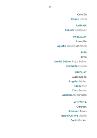 85
Cancún
Hagen David
PANAMÁ
Roberto Rodríguez
PARAGUAY
Asunción
Agustín Barúa Caffarena
PERÚ
Lima
Daniel Enrique Rojas Bolívar
Humberto Guerra
URUGUAY
Montevideo
Ángeles Núñez
Nancy Ruiz
Clara Fassler
Adriana Antognazza
VENEZUELA
Caracas
Ildemaro Torres
Isabel Cristina Villarte
Sonia Hecker
 