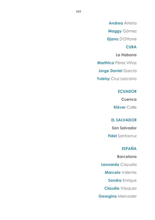 103
Andrea Arrieta
Maggy Gómez
Djana D'Ottone
CUBA
La Habana
Marthica Pérez Viñas
Jorge Daniel García
Yuleisy Cruz Lezcano
ECUADOR
Cuenca
Kléver Calle
EL SALVADOR
San Salvador
Fidel Santacruz
ESPAÑA
Barcelona
Leonardo Cayuela
Marcelo Valente
Sandra Enrique
Claudia Vásquez
Georgina Mercader
 