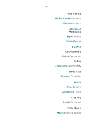 97
Villa Ángela
Matías Andrés Cepeda
Liliana Monsalvo
AUSTRALIA
Melbourne
Bryan Phillips
Sarita Gálvez
BOLIVIA
Cochabamba
Vivian Camacho
La Paz
Juan Carlos Etcheverry
Santa Cruz
Homero Carvalho
BRASIL
Vera Dantas
Vanderleia Pulga
Cruz Alto
Janete Schubert
Porto alegre
Marcia Batista Ramos
 