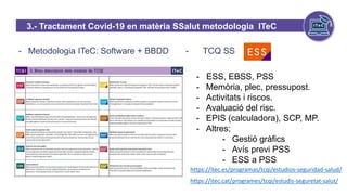 - Metodologia ITeC: Software + BBDD - TCQ SS
- ESS, EBSS, PSS
- Memòria, plec, pressupost.
- Activitats i riscos.
- Avaluació del risc.
- EPIS (calculadora), SCP, MP.
- Altres;
- Gestió gràfics
- Avís previ PSS
- ESS a PSS
https://itec.es/programas/tcqi/estudios-seguridad-salud/
https://itec.cat/programes/tcqi/estudis-seguretat-salut/
3.- Tractament Covid-19 en matèria SSalut metodologia ITeC
 