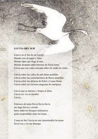 LLUVIA DEL SUR
Llueve en el Sur de mi mundo
Mundo roto de papel y tinta
Mundo lápiz que llega al mar…
Mundo atrapado entre barrotes de lluvia lenta
Lluvia que cae como cascada sobre mi otoño en vuelo…
Lluvia sobre las calles de mil almas perdidas
Lluvia sobre las constelaciones de flores amarillas
Lluvia sobre los abrazos de Soles y Lunas llenas
Lluvia sobre mi corazón sangrante de mariposa
Lluvia que se detiene y limpia el alma
Lluvia sin voz ni nombre
Lluvia…
Entonces de tanta lluvia lluvia lluvia
me hago lluvia y circulo
barro entre los bosques milenarios
gotas suspendidas entre las hojas…
Como no Ser Lluvia en este interminable Invierno
lluvia soy y no me detengo.
 