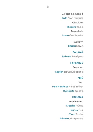 77
Ciudad de México
Laila Soto Enríquez
Culiaicair
Ricardo Tapia
Tapachula
Laura Carabantes
Cancún
Hagen David
PANAMÁ
Roberto Rodríguez
PARAGUAY
Asunción
Agustín Barúa Caffarena
PERÚ
Lima
Daniel Enrique Rojas Bolívar
Humberto Guerra
URUGUAY
Montevideo
Ángeles Núñez
Nancy Ruiz
Clara Fassler
Adriana Antognazza
 