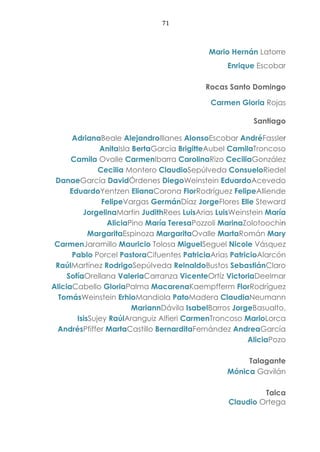 71
Mario Hernán Latorre
Enrique Escobar
Rocas Santo Domingo
Carmen Gloria Rojas
Santiago
AdrianaBeale AlejandroIllanes AlonsoEscobar AndréFassler
AnitaIsla BertaGarcía BrigitteAubel CamilaTroncoso
Camila Ovalle CarmenIbarra CarolinaRizo CeciliaGonzález
Cecilia Montero ClaudioSepúlveda ConsueloRiedel
DanaeGarcía DavidÓrdenes DiegoWeinstein EduardoAcevedo
EduardoYentzen ElianaCorona FlorRodríguez FelipeAlliende
FelipeVargas GermánDíaz JorgeFlores Elle Steward
JorgelinaMartin JudithRees LuisArias LuisWeinstein María
AliciaPino María TeresaPozzoli MarinaZolotoochin
MargaritaEspinoza MargaritaOvalle MartaRomán Mary
CarmenJaramillo Mauricio Tolosa MiguelSeguel Nicole Vásquez
Pablo Porcel PastoraCifuentes PatriciaArias PatricioAlarcón
RaúlMartínez RodrigoSepúlveda ReinaldoBustos SebastiánClaro
SofíaOrellana ValeriaCarranza VicenteOrtíz VictoriaDeelmar
AliciaCabello GloriaPalma MacarenaKaempfferm FlorRodríguez
TomásWeinstein ErhioMandiola PatoMadera ClaudiaNeumann
MariannDávila IsabelBarros JorgeBasualto,
IsisSujey RaúlAranguiz Alfieri CarmenTroncoso MarioLorca
AndrésPfiffer MartaCastillo BernarditaFernández AndreaGarcía
AliciaPozo
Talagante
Mónica Gavilán
Talca
Claudio Ortega
 