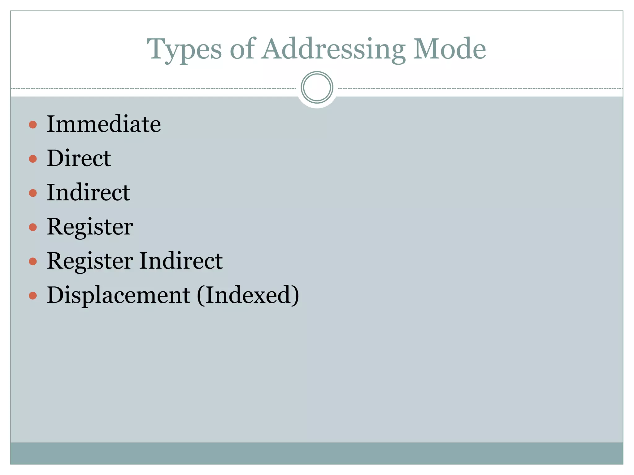 Types of Addressing Mode
 Immediate
 Direct
 Indirect
 Register
 Register Indirect
 Displacement (Indexed)
 