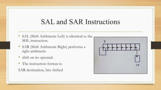 SAL and SAR Instructions
• SAL (Shift Arithmetic Left) is identical to the
SHL instruction.
• SAR (Shift Arithmetic Right)...