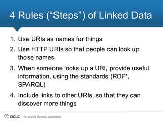 4 Rules (“Steps”) of Linked Data

1. Use URIs as names for things
2. Use HTTP URIs so that people can look up
   those names
3. When someone looks up a URI, provide useful
   information, using the standards (RDF*,
   SPARQL)
4. Include links to other URIs, so that they can
   discover more things
    The world’s libraries. Connected.
 