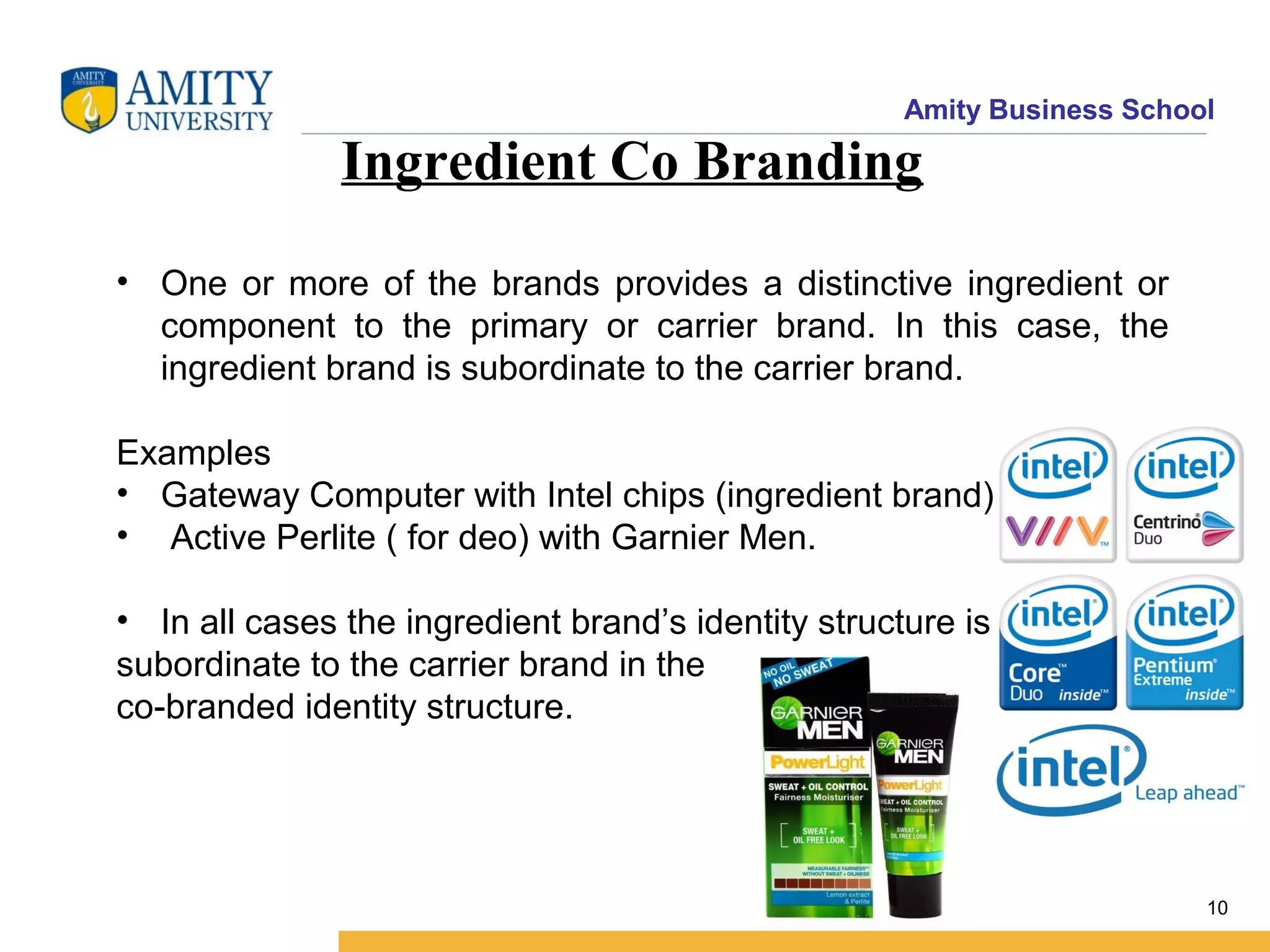 Amity Business School
Ingredient Co Branding
• One or more of the brands provides a distinctive ingredient or
component to the primary or carrier brand. In this case, the
ingredient brand is subordinate to the carrier brand.
Examples
• Gateway Computer with Intel chips (ingredient brand)
• Active Perlite ( for deo) with Garnier Men.
• In all cases the ingredient brand’s identity structure is
subordinate to the carrier brand in the
co-branded identity structure.
10
 