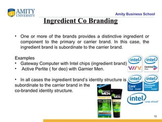 Amity Business School
Ingredient Co Branding
• One or more of the brands provides a distinctive ingredient or
component to the primary or carrier brand. In this case, the
ingredient brand is subordinate to the carrier brand.
Examples
• Gateway Computer with Intel chips (ingredient brand)
• Active Perlite ( for deo) with Garnier Men.
• In all cases the ingredient brand’s identity structure is
subordinate to the carrier brand in the
co-branded identity structure.
10
 