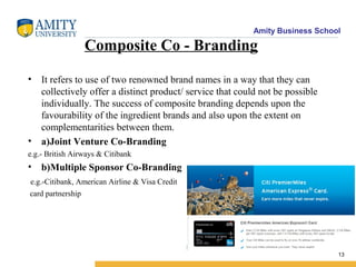 Amity Business School
Composite Co - Branding
• It refers to use of two renowned brand names in a way that they can
collectively offer a distinct product/ service that could not be possible
individually. The success of composite branding depends upon the
favourability of the ingredient brands and also upon the extent on
complementarities between them.
• a)Joint Venture Co-Branding
e.g.- British Airways & Citibank
• b)Multiple Sponsor Co-Branding
e.g.-Citibank, American Airline & Visa Credit
card partnership
13
 