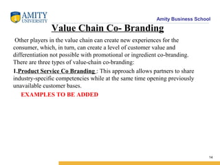 Amity Business School
Value Chain Co- Branding
Other players in the value chain can create new experiences for the
consumer, which, in turn, can create a level of customer value and
differentiation not possible with promotional or ingredient co-branding.
There are three types of value-chain co-branding:
1.Product Service Co Branding : This approach allows partners to share
industry-specific competencies while at the same time opening previously
unavailable customer bases.
EXAMPLES TO BE ADDED
14
 