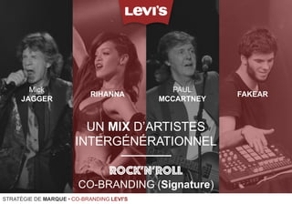 Mick
JAGGER
RIHANNA
PAUL
MCCARTNEY
FAKEAR
UN MIX D’ARTISTES
INTERGÉNÉRATIONNEL
ROCK’N’ROLL
CO-BRANDING (Signature)
STRATÉGIE DE MARQUE • CO-BRANDING LEVI'S
 