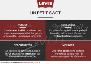 STRATÉGIE DE MARQUE • CO-BRANDING LEVI'S
UN PETIT SWOT
FORCES
Une forte notoriété mondiale. Une
large variété de produits intemporels
et de qualité. Une marque innovante.
FAIBLESSES
Un prix considéré comme trop élevé
face à la concurrence. Un manque
d’identification des jeunes
OPPORTUNITÉS
La fidélité des acheteurs. Le jean
est un style de vie. Internet et ses
nouveaux moyens de Com.
MENACES
Une forte concurrence directe
(entreprises dans le jean) et
indirecte (magasin de vêtements)
 