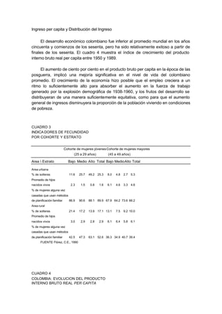 Ingreso per capita y Distribución del Ingreso

      El desarrollo económico colombiano fue inferior al promedio mundial en los años
cincuenta y comienzos de los sesenta, pero ha sido relativamente exitoso a partir de
finales de los sesenta. El cuadro 4 muestra el índice de crecimiento del producto
interno bruto real per capita entre 1950 y 1989.

      El aumento de ciento por ciento en el producto bruto per capita en la época de las
posguerra, implicó una mejoría significativa en el nivel de vida del colombiano
promedio. El crecimiento de la economía hizo posible que el empleo creciera a un
ritmo lo suficientemente alto para absorber el aumento en la fuerza de trabajo
generado por la explosión demográfica de 1938-1960, y los frutos del desarrollo se
distribuyeran de una manera suficientemente equitativa, como para que el aumento
general de ingresos disminuyera la proporción de la población viviendo en condiciones
de pobreza.



CUADRO 3
INDICA DORES DE FECUNDIDAD
POR COHORTE Y ESTRATO


                            Cohorte de mujeres jóvenes Cohorte de mujeres mayores
                                  (25 a 29 años)          (45 a 49 años)

Area  Estrato                Bajo Medio Alto Total Bajo MedioAlto Total

Area urbana
% de solteras                  11.6   25.7   49.2 25.3    8.0   4.8   2.7 5.3
Promedio de hijos
nacidos vivos                   2.3    1.5    0.8   1.6   6.1   4.6   3.3 4.8
% de mujeres alguna vez
casadas que usan métodos
de planificación familiar      86.9   90.6   88.1 89.9 67.9 64.2 73.6 66.2
Area rural
% de solteras                  21.4   17.2   13.9 17.1 13.1     7.5   9.2 10.0
Promedio de hijos
nacidos vivos                   3.0    2.9    2.8   2.9   6.1   6.4   5.8 6.1
% de mujeres alguna vez
casadas que usan métodos
de planificación familiar      42.5   47.3   63.1 52.6 36.3 34.9 40.7 39.4
       FUENTE: Flórez, C.E., 1990




CUADRO 4
COLOMBIA: EVOLUCION DEL PRODUCTO
INTERNO BRUTO REAL PER CAPITA
 