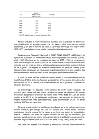 Indice
      Año                 PIB per capita              Aumento
                          (precios 1975)


     1950                       100                   -
     1959                       110                 0.10
     1968                       126                 0.15
     1977                       169                 0.33
     1986                       198                 0.17
     1989                       211                   -
     FUENTE: Miguel Urrutia, 40 años de desarrollo, 1990.




    Muchos estudios a nivel internacional muestran que la pobreza ha disminuido
más rápidamente en aquellos países que han logrado altas tasas de crecimiento
económico, y en esto Colombia es típica. La pobreza disminuyó más rápido entre
1968-1977, cuando la economía estaba creciendo más aceleradamente.


      Recientemente Planeación Nacional, el DANE, PUND, UNICEF y el Ministerio de
Agricultura, publicaron un interesante estudio sobre la pobreza en Colombia. (DANE,
et alt. 1989). Con base en los resultados censales de 1973 y 1985 se construyeron
cinco índices simples de pobreza, tres de los cuales definen condiciones críticas de la
vivienda, y de los restantes dos se sintetizan algunas características socioeconómicas
de los hogares. Los hogares en viviendas inadecuadas, sin servicios básicos y con
hacinamientos, constituyen los indicadores de pobreza del primer grupo. Los otros dos
índices consideran aspectos como el nivel de ingreso y el ausentismo escolar.

     A partir de estos índices se identifica como pobres o con necesidades básicas
insatisfechas (NBI) a todos los hogares que presentan al menos una carencia en los
índices básicos. En el caso de dos o más deficiencias, los hogares se consideran en
situación de miseria.

     La metodología es discutible como sistema de medir niveles absolutos de
pobreza, pero parece útil para medir cambios en niveles de bienestar. El estudio
muestra un descenso en el número de pobres entre 1973 y 1985 de 17.9% en zonas
rurales, y de 45.2% en las cabeceras municipales. Las personas en situación de
miseria disminuyeron más aceleradamente, pues disminuyeron 34.5% en zonas
rurales y 58.8% en las cabeceras.

     Otra manera de medir los cambios en la pobreza, es la de estimar un ingreso
mínimo mensual, por debajo del cual se supone una familia tendrá recursos
insuficientes para la compra de los bienes y servicios que suplen las necesidades
básicas. Utilizando una línea de ingreso mínimo de este tipo se encuentra, por
ejemplo, que el número de pobres como proporción de la población económicamente
activa en Bogotá, disminuyó de 31.4% a 20.0% entre 1970 y 1980 (Urrutia, M. 1984).

    Las cifras para Bogotá, Cali, Medellín y Barranquilla, dan una disminución en el
 