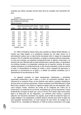 socialista que habían sacudido durante estos años las ciudades más importantes del
     país.


           CUADRO 3
     INGRESOS Y GASTOS EFECTIVOS
     DEL GOBIERNO NACIONAL
     Millones de pesos

              Ingreso ImpuestoImpuesto Ingreso Gastos Gastos
      Años      total aduana renta extraord. totales OO.PP


      1923    43.5   20.5       0.7     10.2     38.9     6.3
      1924    39.9    19.9      0.5      6.4      40     12.1
      1925    51.5   29.7       0.7      5.3     49.5    17.8
      1926    60.6   34.8       1.1        5     67.4    33.5
      1927    86.2   38.5       1.3     22.9     84.1    40.1
      1928   107.5   41.1       3.2     32.4    116.2    63.1
      1929    75.2   40.7       2.7               84     29.8
      1930    54.3   21.2       3.3      4.5      62     14.2
         FUENTE: Dane.


          En 1926 el Presidente Ospina había sido sucedido por Miguel Abadía Méndez, un
     hombre que había llegado a la presidencia después de una larga carrera en la
     administración pública que no había tenido demasiado brillo ni rasgos de incapacidad
     excesiva. Pero la indecisión del mandatario, su apego a maniobras políticas irrelevantes,
     no haría sino subrayar una repentina incongruencia entre el régimen conservador y la
     situación del país. Mientras éste se había transformado a grandes saltos, se agudizaban
     los conflictos sociales y la prosperidad, sostenida por la inyección continua de nuevos
     créditos extranjeros y el mantenimiento de un alto nivel de exportador, pronto se vendría
     al suelo, el conservatismo se entrego de cuerpo y alma a preparar las elecciones, a
     garantizar su permanencia en el poder y a debatir los posibles candidatos que lo
     representarían en las elecciones de 1930.


           La agitación socialista no había desaparecido. Intelectuales y periodistas
     comenzaba tímidamente a leer a Marx y a Lenin. El movimiento socialista, bajo la
     influencia de la revolución Rusa, se fue haciendo más radical y surgieron divergencias
     de línea entre sus diversos exponentes. Líderes socialistas como Raúl Mahecha y Angel
     María Cano ayudaron a los obreros a organizar huelgas cada vez más decididas; otros,
     como Eutiquio Timoté, orientaron las luchas de los indígenas del Tolima por la
     preservación o la restitución de sus tierras, arrebatadas por nuevos empresarios o viejos
     terratenientes al amparo de leyes que, como la 104 de 1919, habían dado nueva fuerza
     legal a la destrucción de los resguardos. Los conflictos entre obreros y patronos
     adquirían con frecuencia caracteres muy agudos, pues la falta de protección legal a la
     huelga obligaba a los trabajadores a adoptar tácticas violentas para tratar de lograr las
     más pequeñas reivindicaciones. Un buen ejemplo de esto fueron las huelgas de la
     Tropical Oil Co., orientadas por Mahecha: en 1924 los obreros comenzaron una huelga



31
 