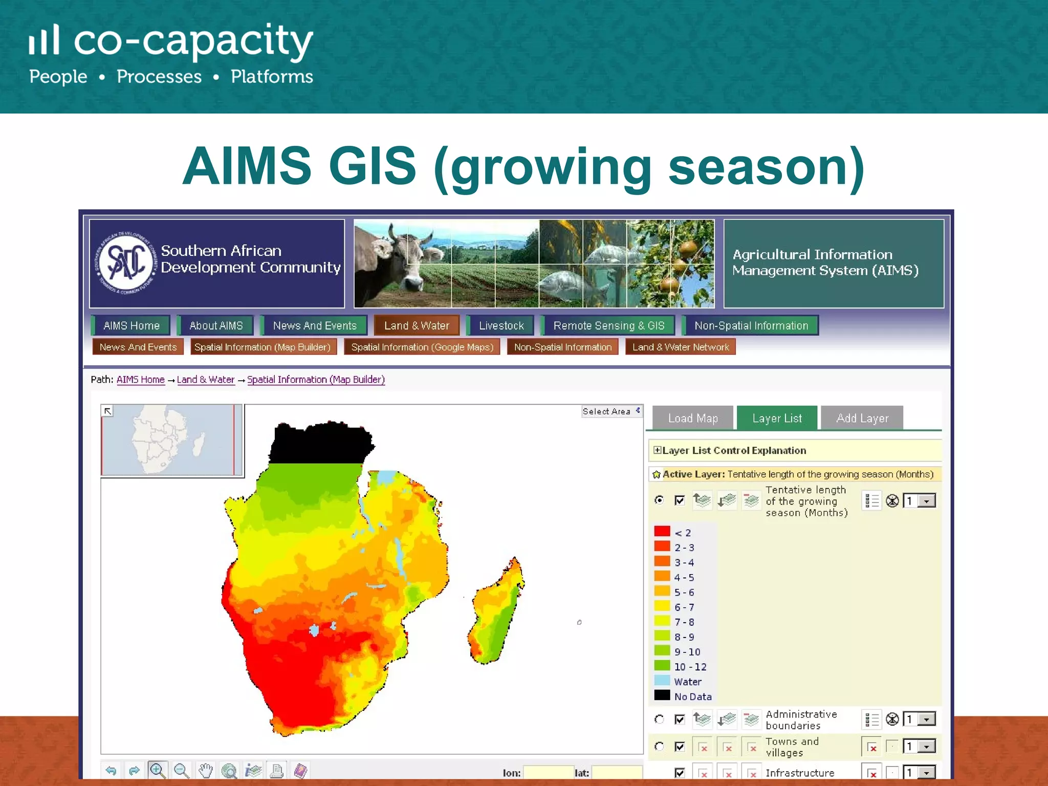 AIMS GIS (growing season) Reuters Market Light provides information on market prices, weather conditions, agricultural policy news, and tips on farming cycles via SMS to fee-paying subscribers in India. Information can be personalized based on the type of crop, region of the country, and local language. The service employs a staff of 300 full-time content professionals to provide news and data on more than 250 crop types, 1,000 markets, and weather forecasts for 2,500 locations. 