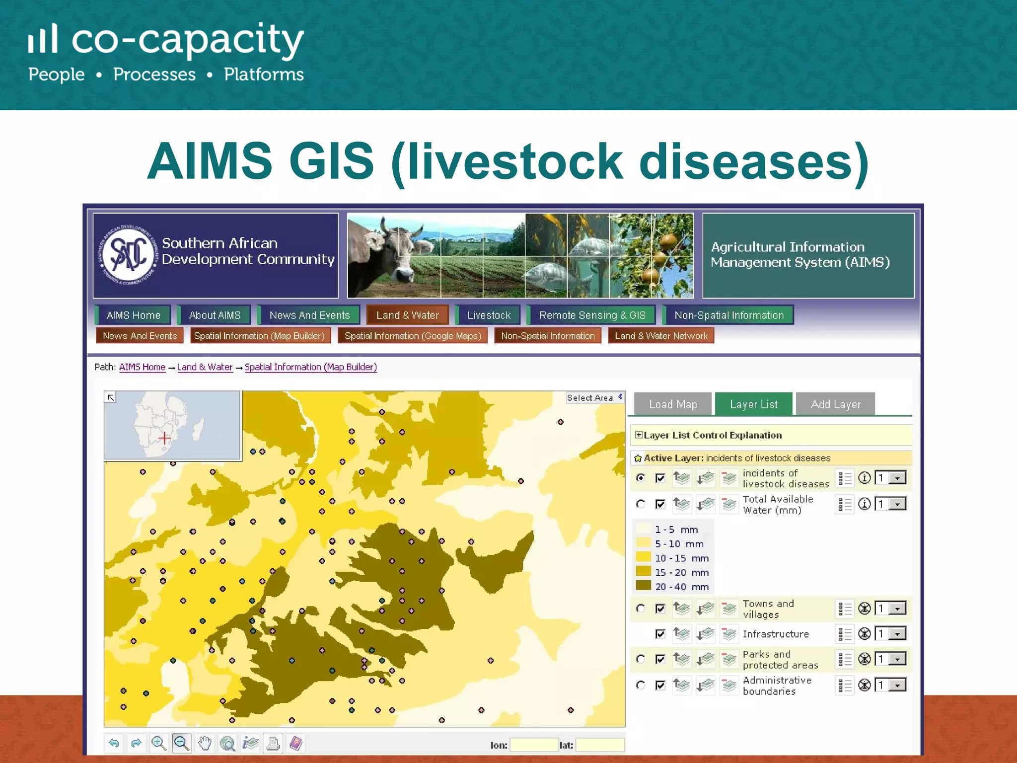 AIMS GIS (livestock diseases) Reuters Market Light provides information on market prices, weather conditions, agricultural policy news, and tips on farming cycles via SMS to fee-paying subscribers in India. Information can be personalized based on the type of crop, region of the country, and local language. The service employs a staff of 300 full-time content professionals to provide news and data on more than 250 crop types, 1,000 markets, and weather forecasts for 2,500 locations. 