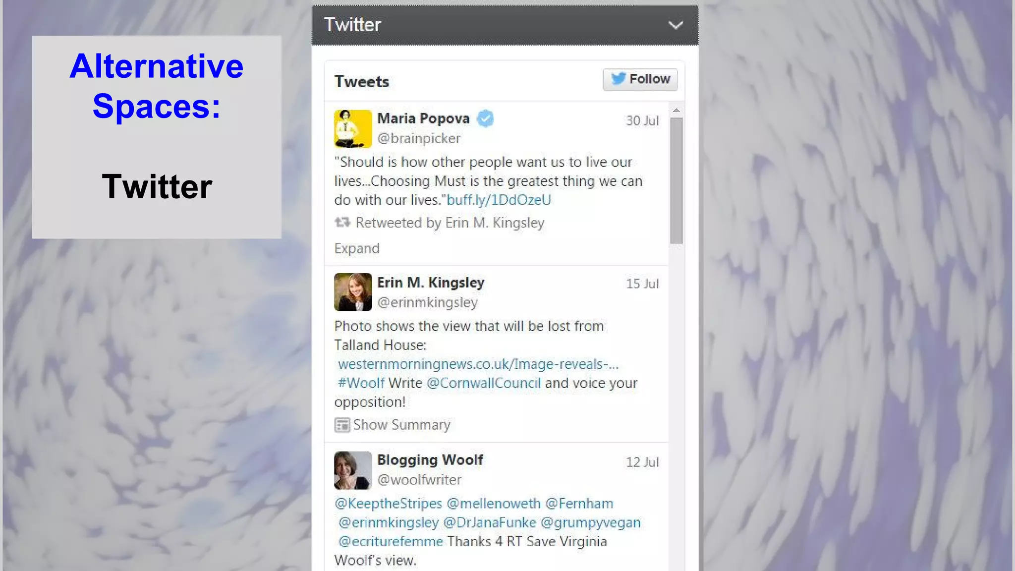 Alternative
Spaces:
Twitter
 