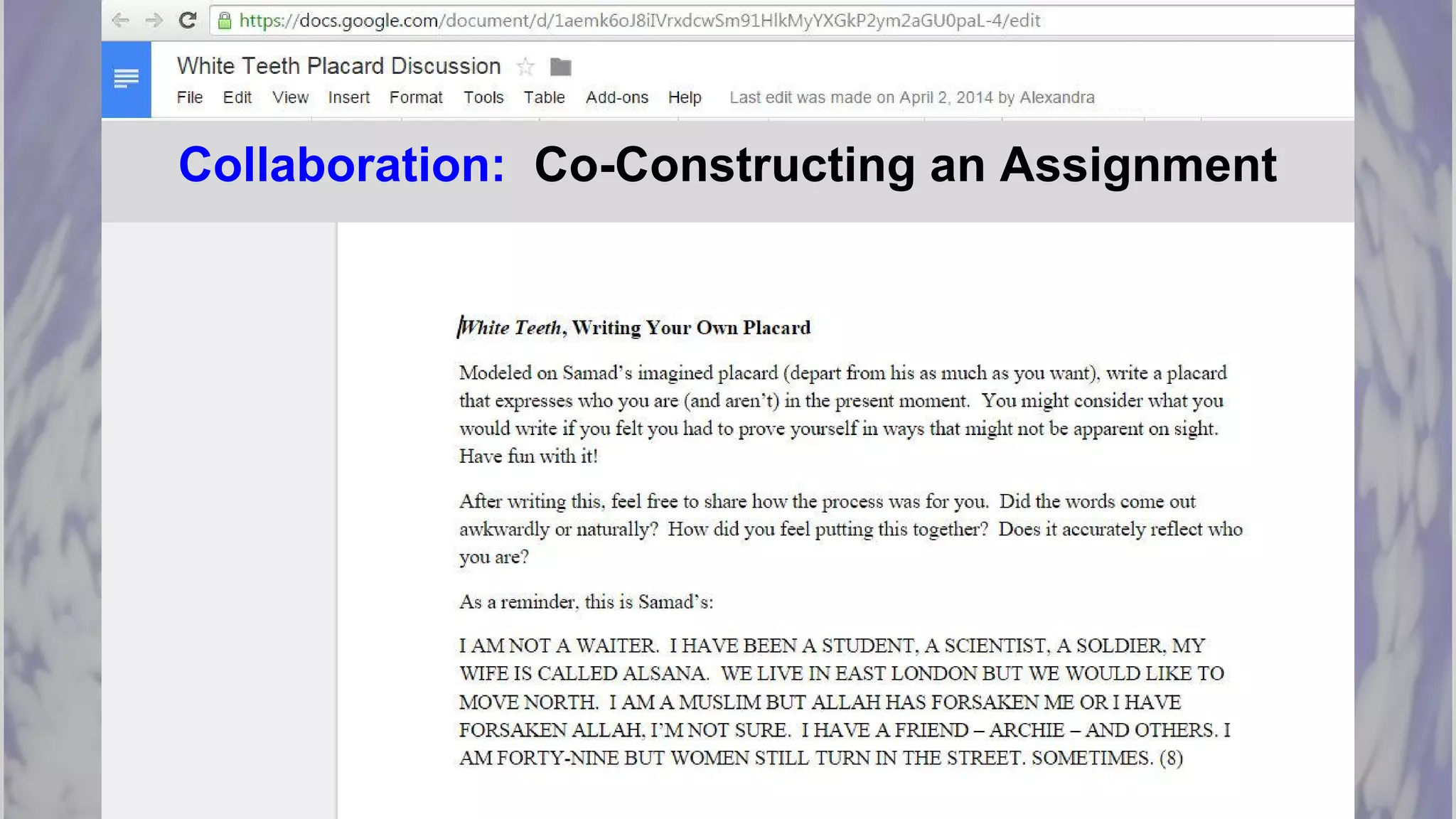 Collaboration: Co-Constructing an Assignment
 