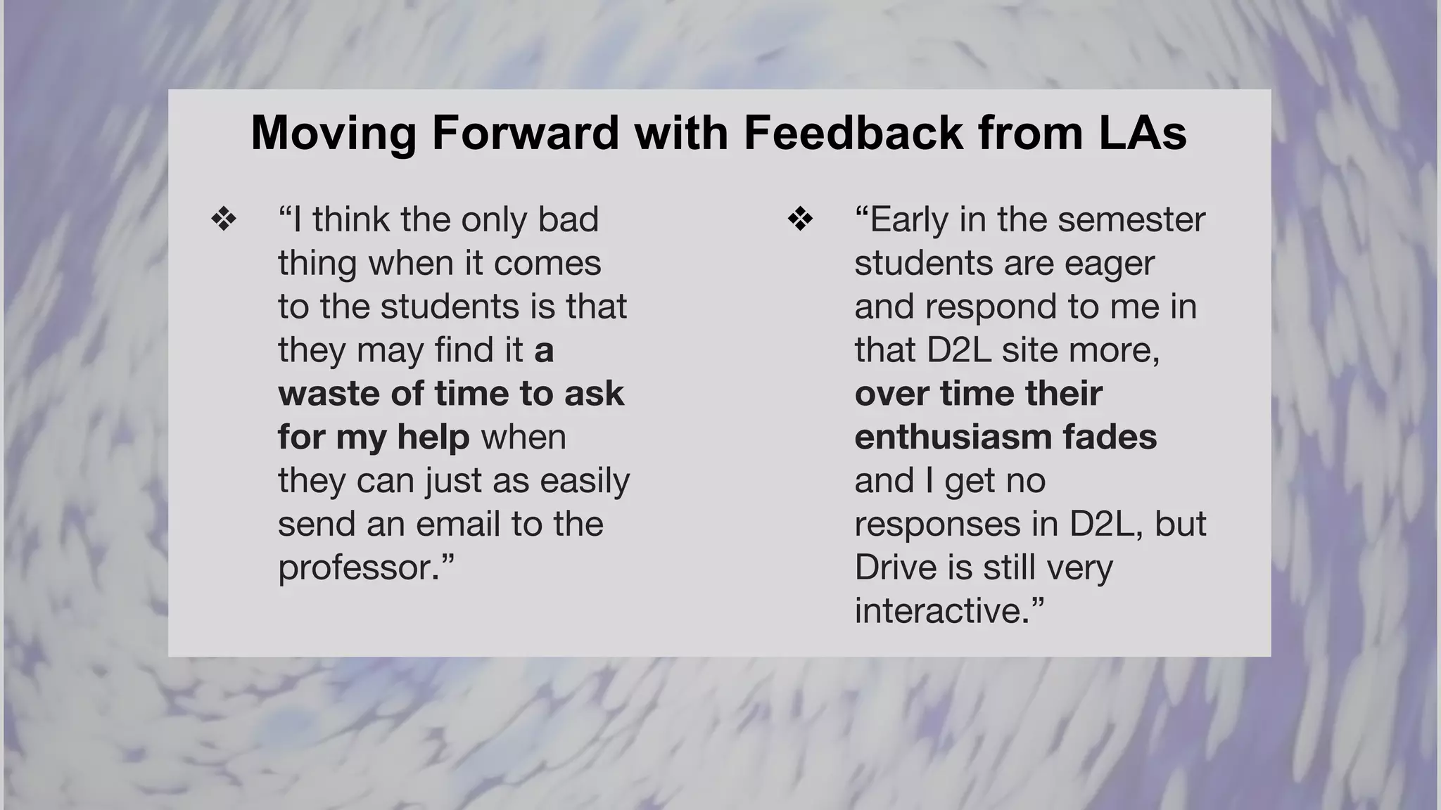Moving Forward with Feedback from LAs
❖ “I think the only bad
thing when it comes
to the students is that
they may find it a
waste of time to ask
for my help when
they can just as easily
send an email to the
professor.”
❖ “Early in the semester
students are eager
and respond to me in
that D2L site more,
over time their
enthusiasm fades
and I get no
responses in D2L, but
Drive is still very
interactive.”
 