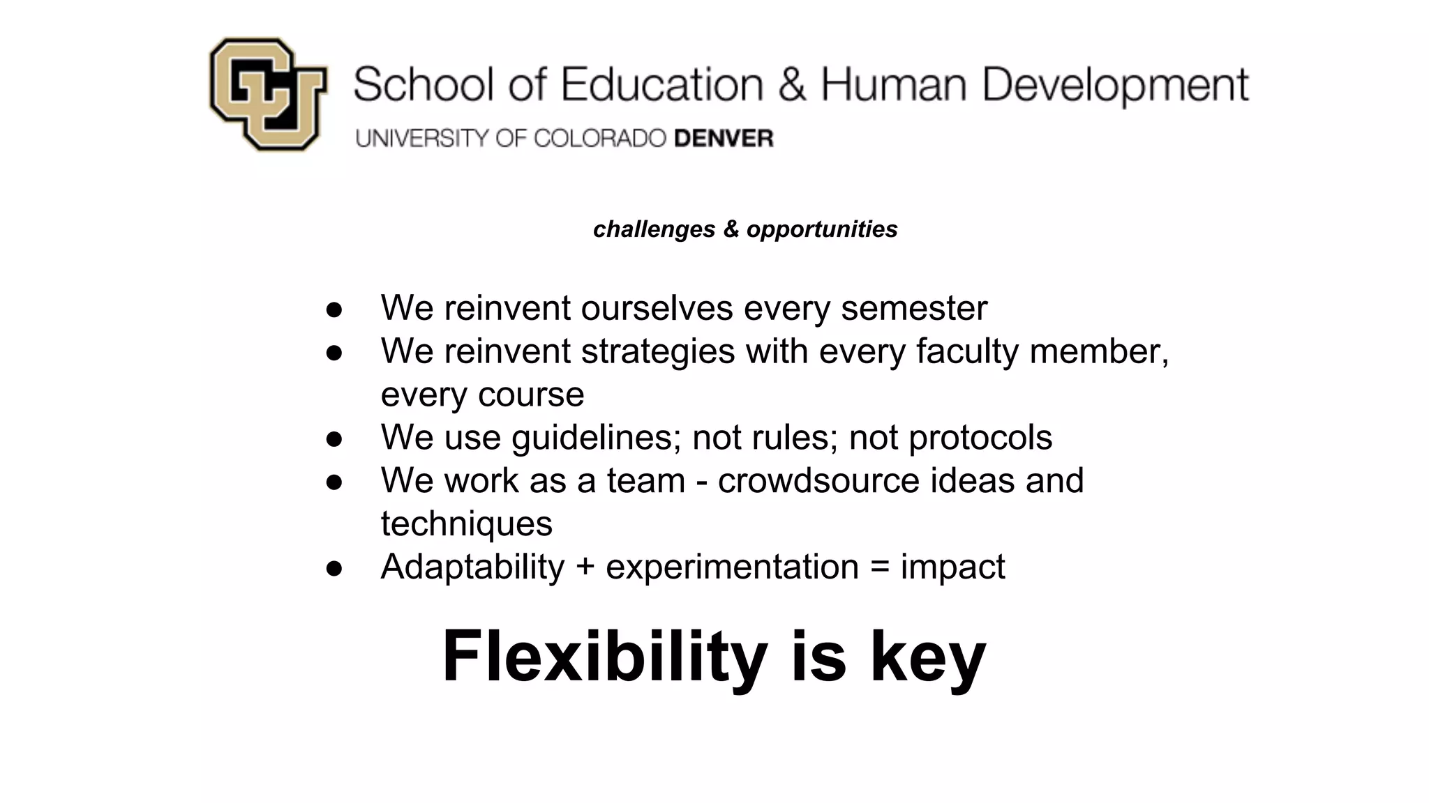 challenges & opportunities
● We reinvent ourselves every semester
● We reinvent strategies with every faculty member,
every course
● We use guidelines; not rules; not protocols
● We work as a team - crowdsource ideas and
techniques
● Adaptability + experimentation = impact
Flexibility is key
 